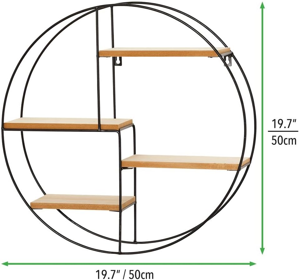 mDesign Round Metal Wall Display Organizer - 4 Shelf BlackNatural