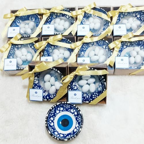 12 PCS Evil Eye Ceramic Bowls with Gold Ribbon and Almond Candy