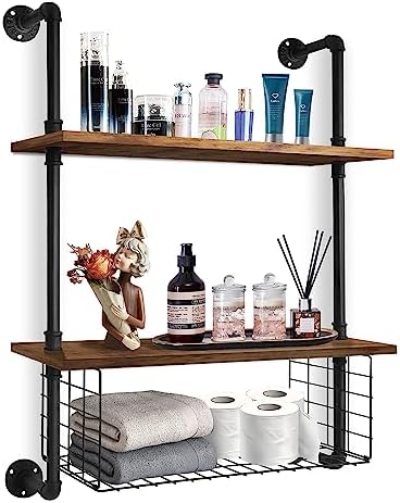 GILPWA 2 Tier Industrial Pipe Shelf with Wood Baskets