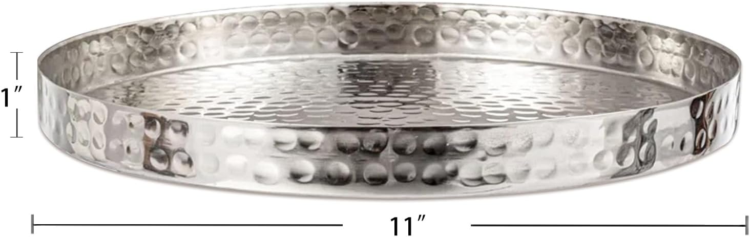 11 Inch Handcrafted Silver Serving Tray with Hammered Design