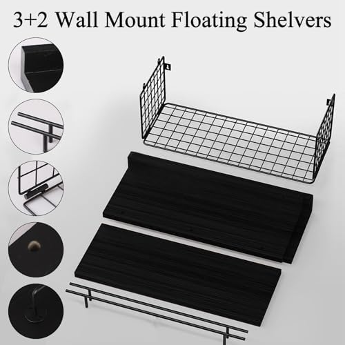 Kriulre Floating Shelves - Black Solid Wood Bookcase