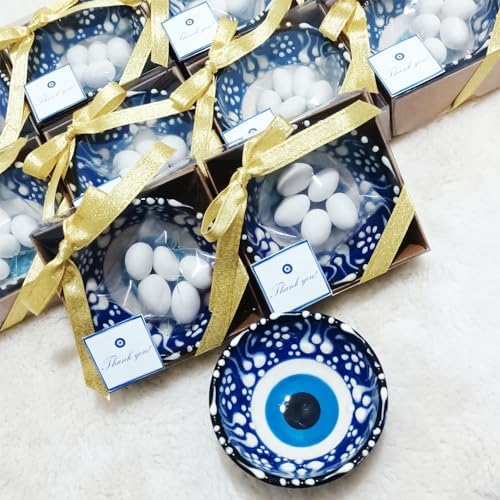12 PCS Evil Eye Ceramic Bowls with Gold Ribbon and Almond Candy