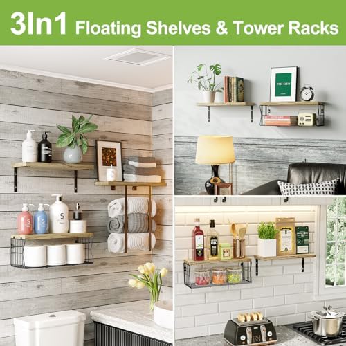 HAMITOR Floating Shelves Over Toilet - Rustic Wood Storage Towel Rack