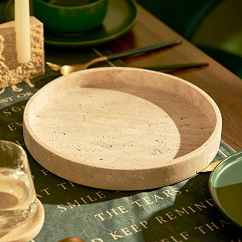 Beige Travertine Marble Vanity Tray Round Ottoman