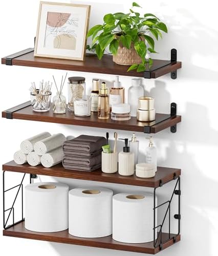 TJ MOREE Rustic Floating Shelves Over Toilet with Basket