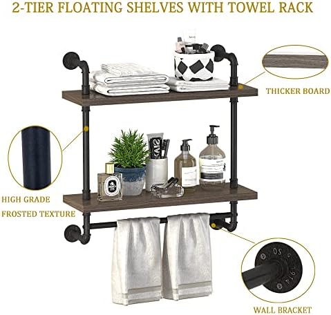 Helsin 2 Tier Floating Shelves with Towel Bar Gray Industrial Style