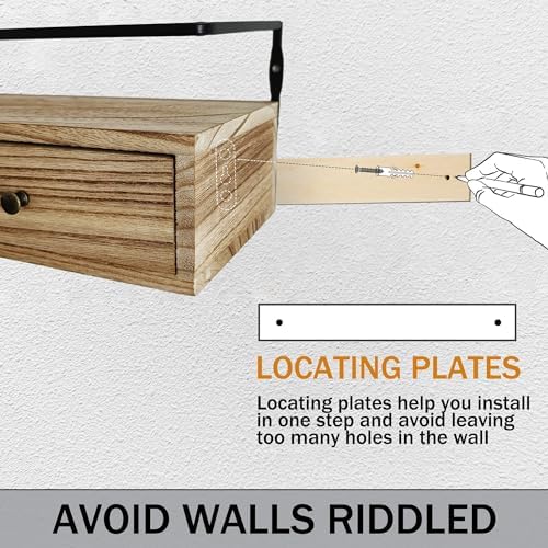 Rustic Floating Shelves with Drawer Set of 2 Brown