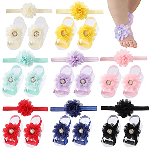 Cinaci 8 Pairs Chiffon Flower Barefoot Sandals with Headbands for Baby Girls