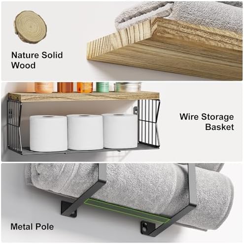 HAMITOR Floating Shelves Over Toilet - Rustic Wood Storage Towel Rack