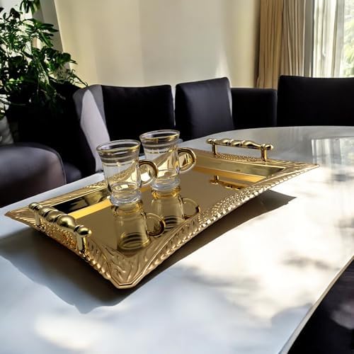 Pack of 2 Gold Plated Mirror Serving Trays with Handles