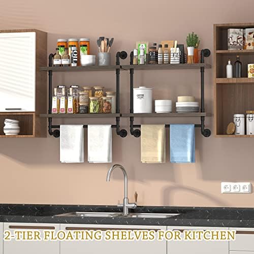 Helsin 2 Tier Floating Shelves with Towel Bar Gray Industrial Style