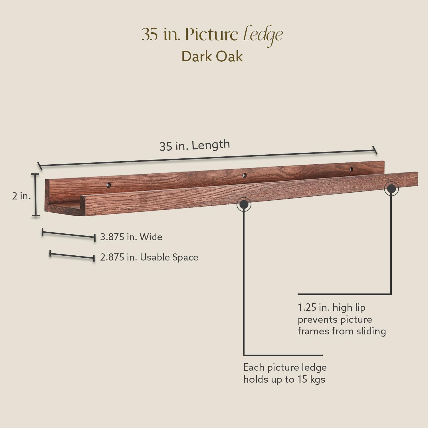 Dark Oak Floating Picture Ledge Shelf 35 in Easy Mounting Stylish Display