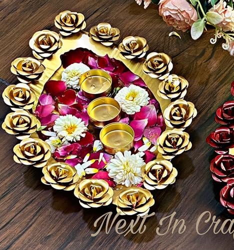 Next In Crafts Gold Metal Diya Shape Flower Urli Bowl