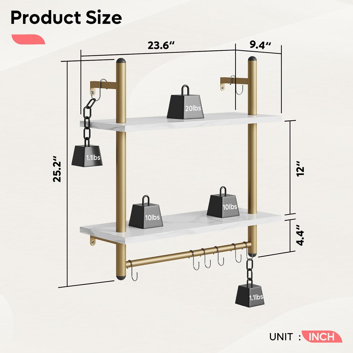 Bestier 24 inch White Marble Floating Shelves with Towel Bar