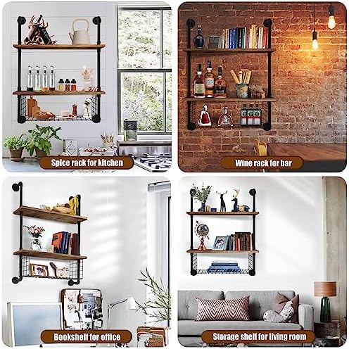 GILPWA 2 Tier Industrial Pipe Shelf with Wood Baskets