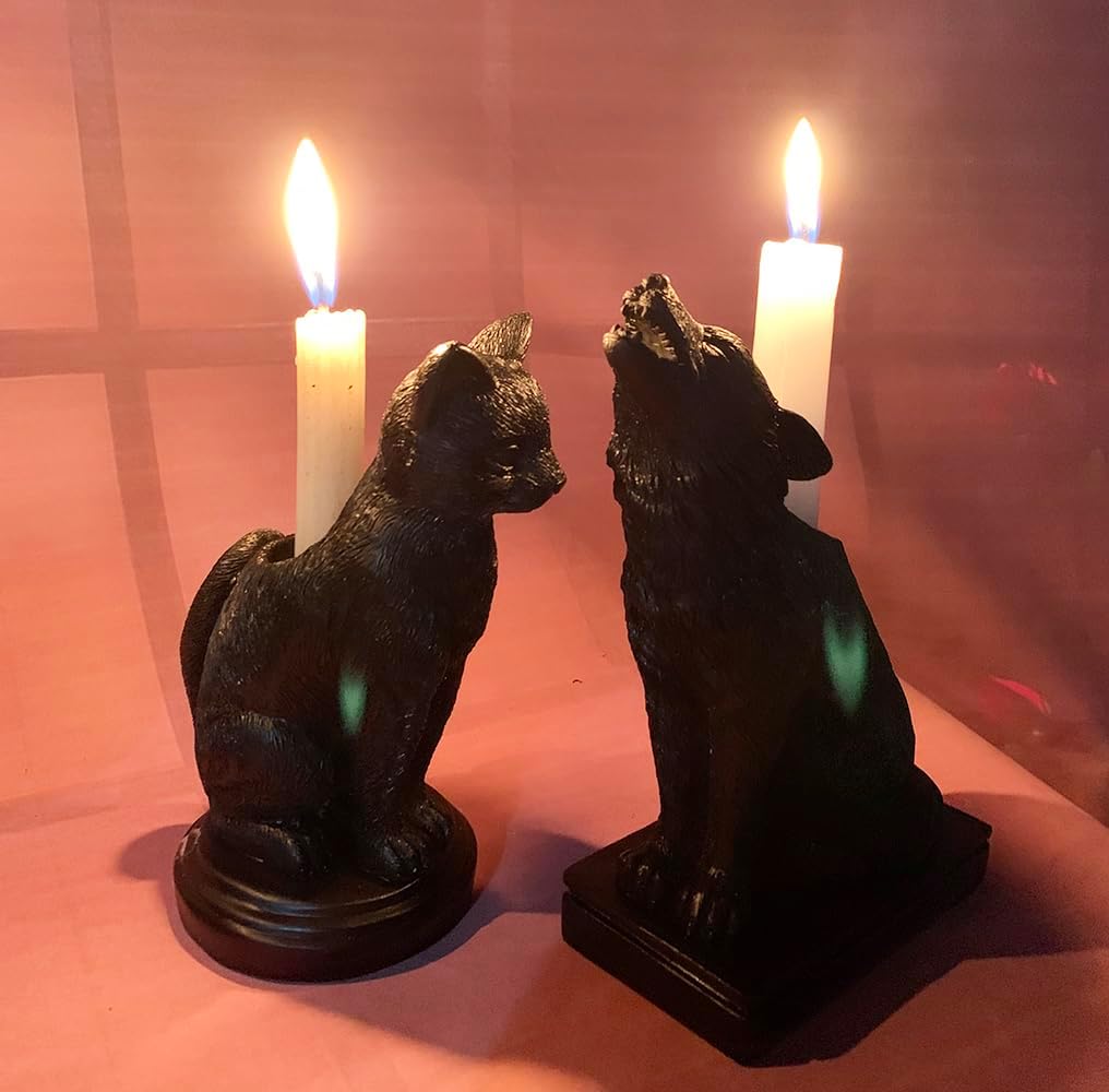 Dark Gothic Candlestick Holder - Raven Cat Wolf Halloween Decor