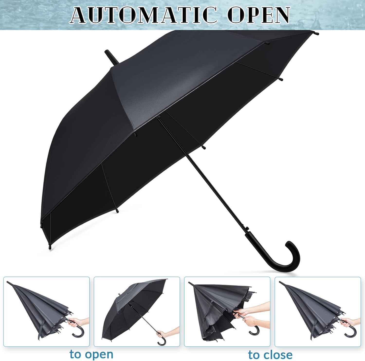 Reginary 12-Pack Black Windproof Stick Umbrellas with J Hook Handle