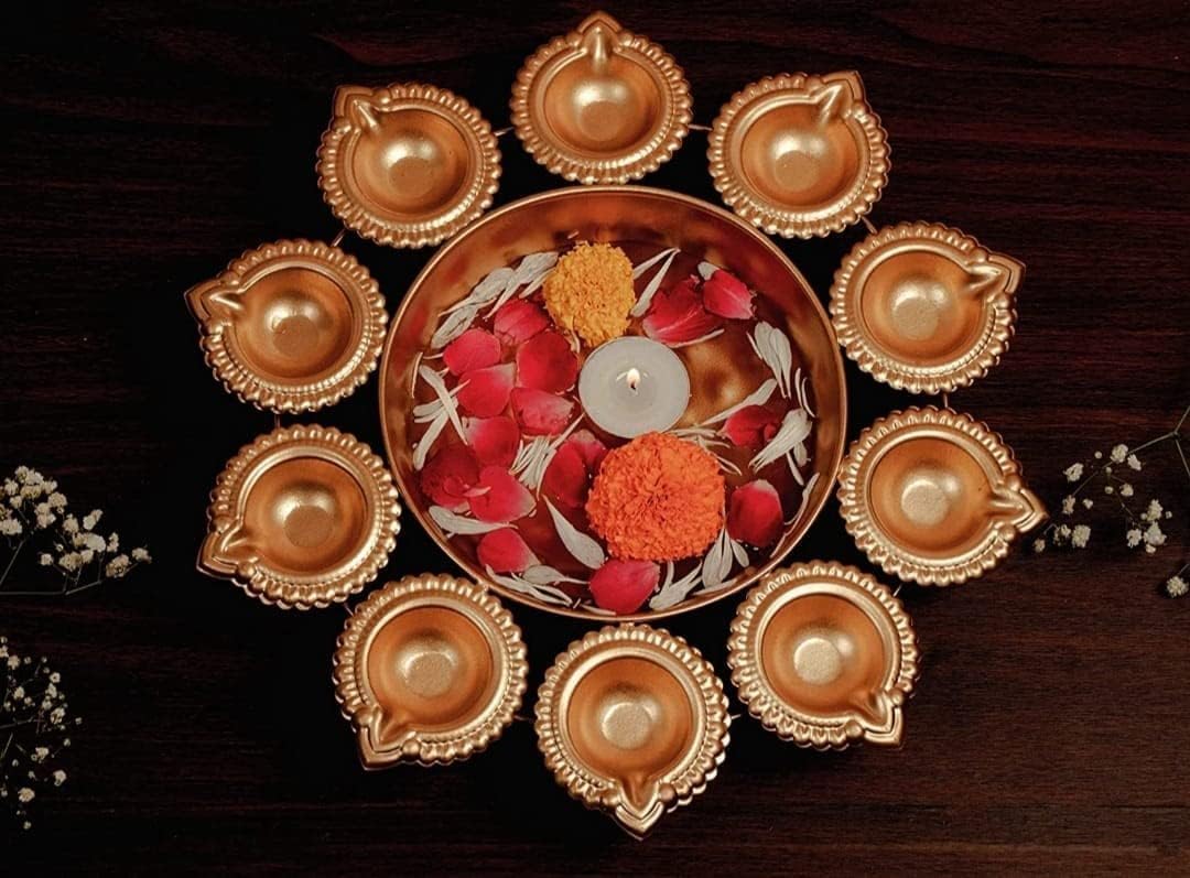 Next In Crafts Gold Metal Diya Shape Flower Urli Bowl