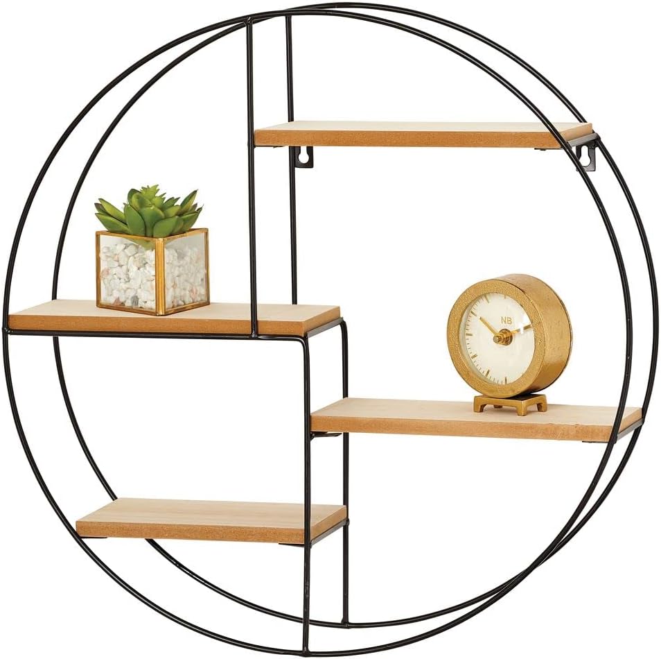 mDesign Round Metal Wall Display Organizer - 4 Shelf BlackNatural