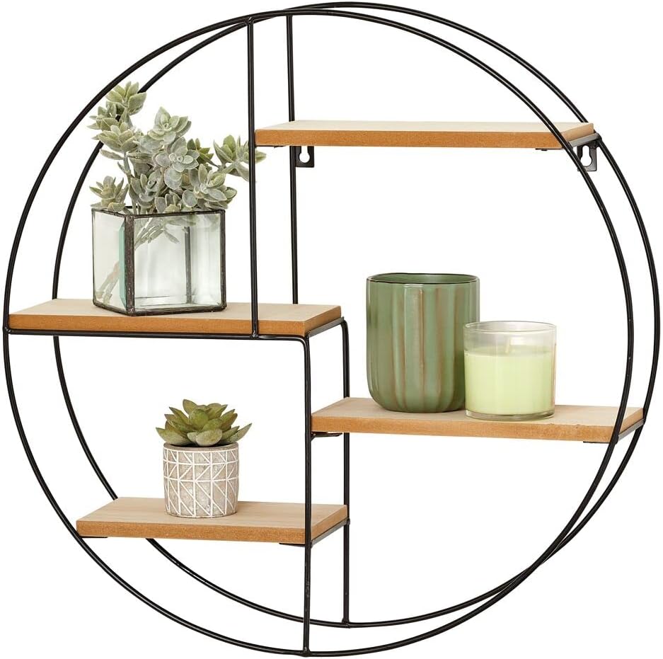 mDesign Round Metal Wall Display Organizer - 4 Shelf BlackNatural