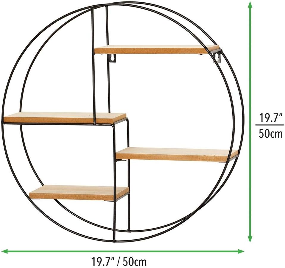 mDesign Round Metal Wall Display Organizer - 4 Shelf BlackNatural
