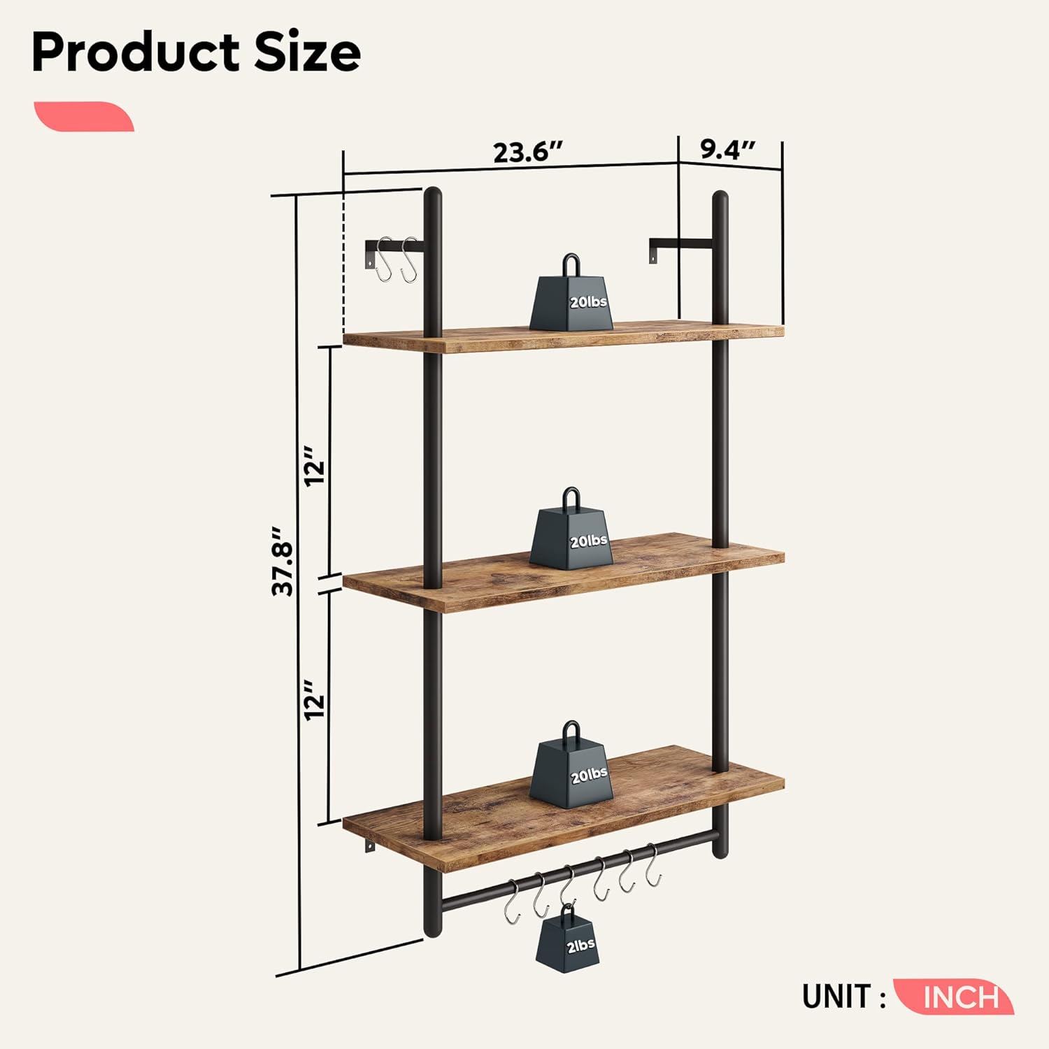 Bestier 3 Tier Floating Wall Shelves with Towel Bar and Hooks