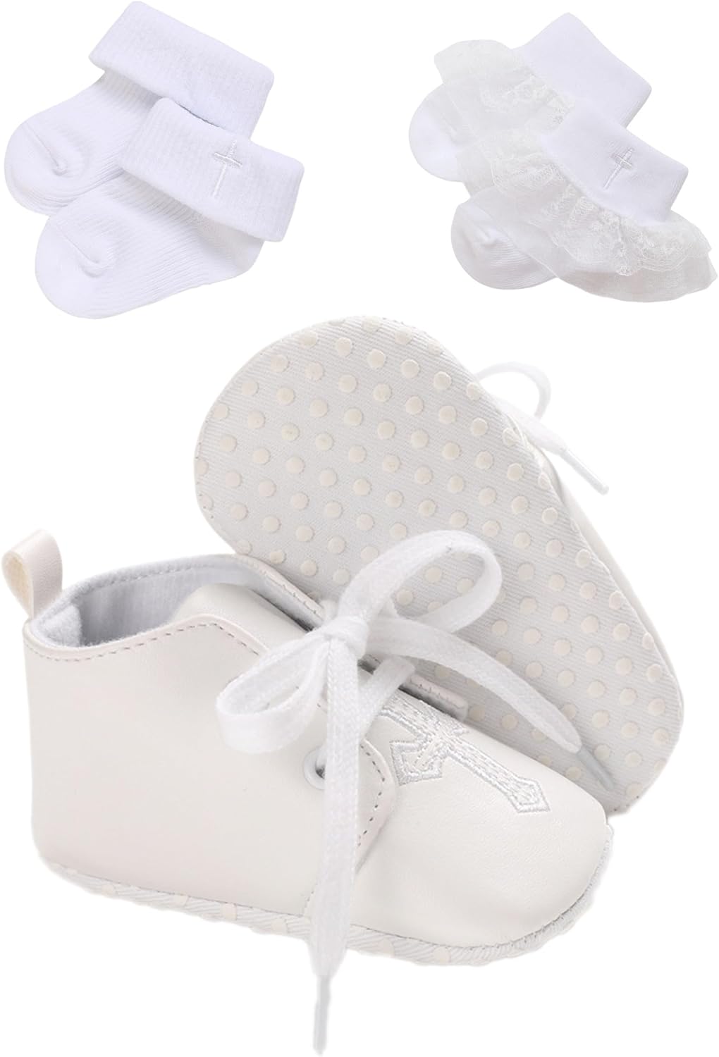 Baby Baptism Shoes Socks Set Soft White Cross Embroidered 3PC