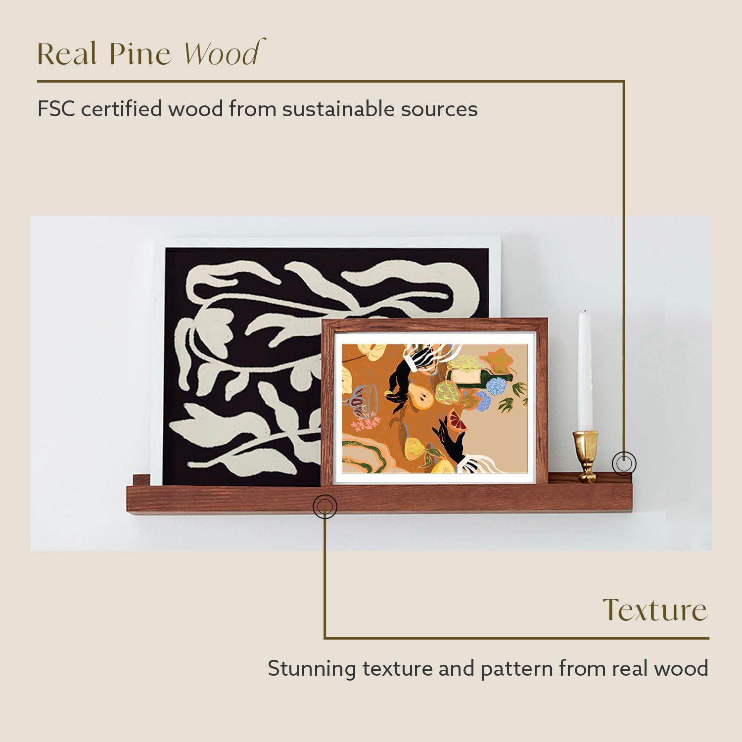 Dark Oak Floating Picture Ledge Shelf 35 in Easy Mounting Stylish Display
