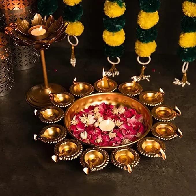 Next In Crafts Gold Metal Diya Shape Flower Urli Bowl