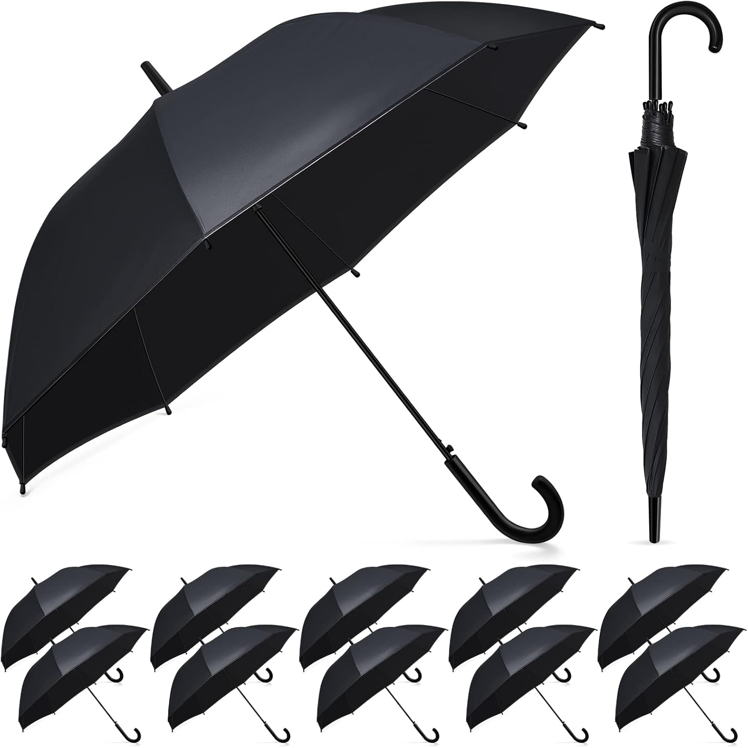 Reginary 12-Pack Black Windproof Stick Umbrellas with J Hook Handle