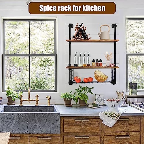 GILPWA 2 Tier Industrial Pipe Shelf with Wood Baskets