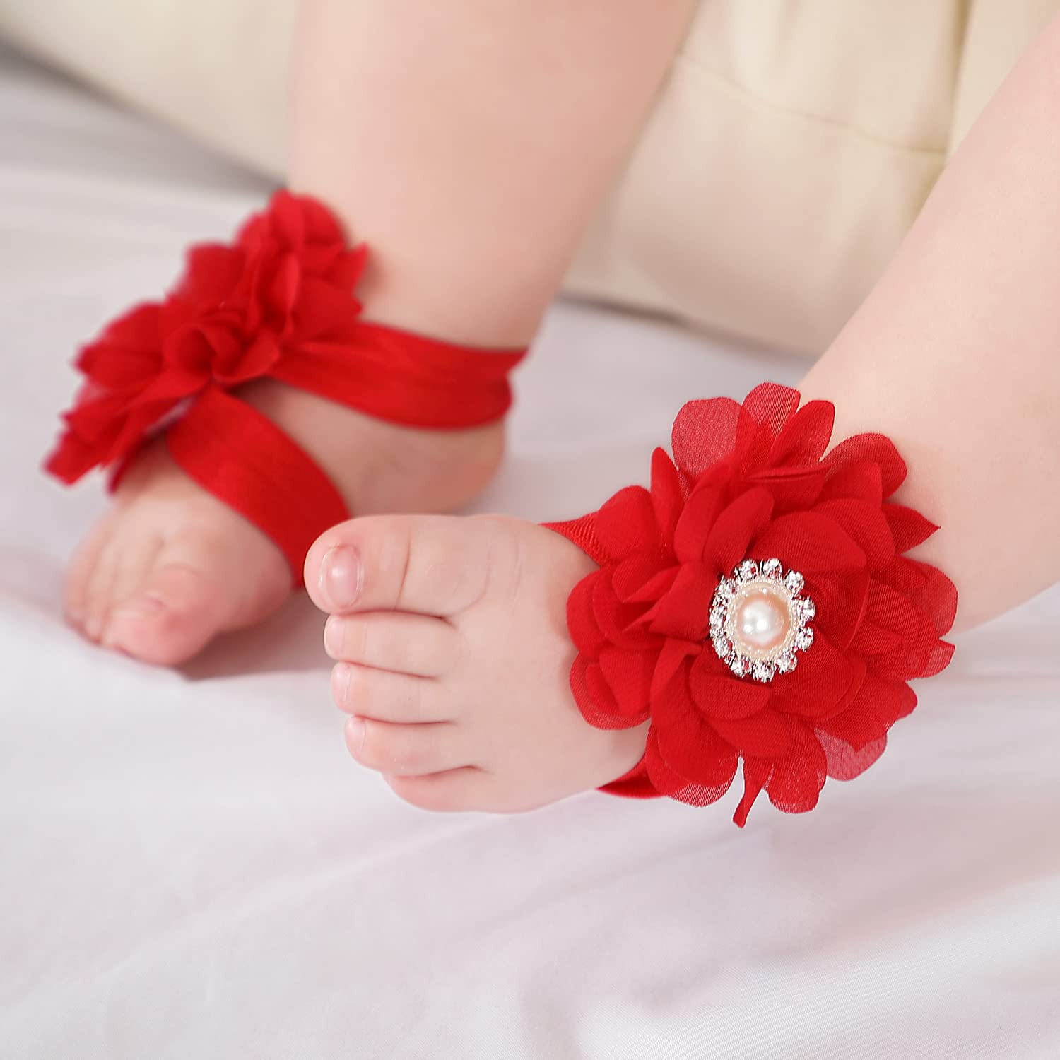 Cinaci 8 Pairs Chiffon Flower Barefoot Sandals with Headbands for Baby Girls
