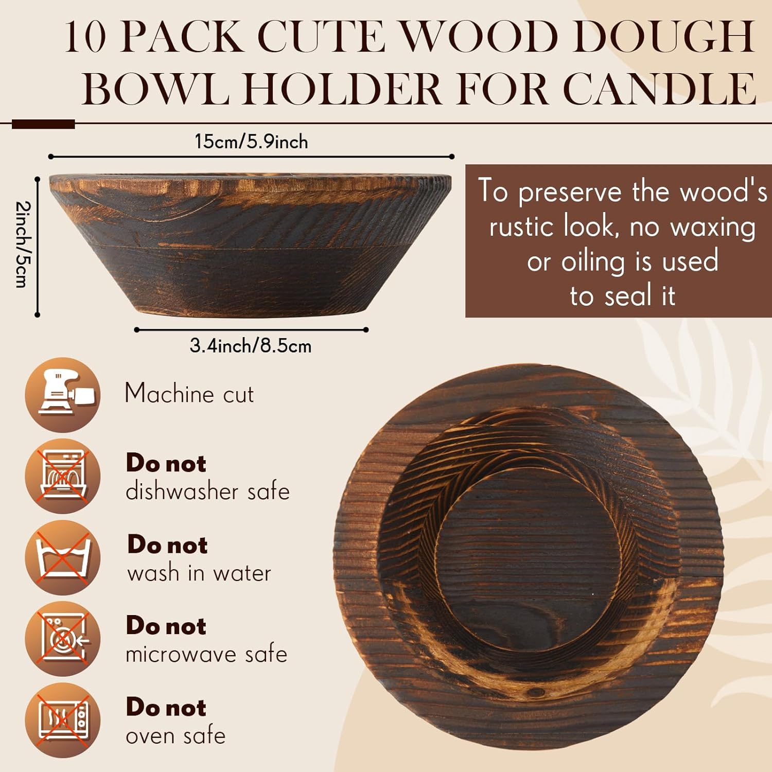 10 Pcs Dark Brown Wooden Dough Bowls for Candle Making