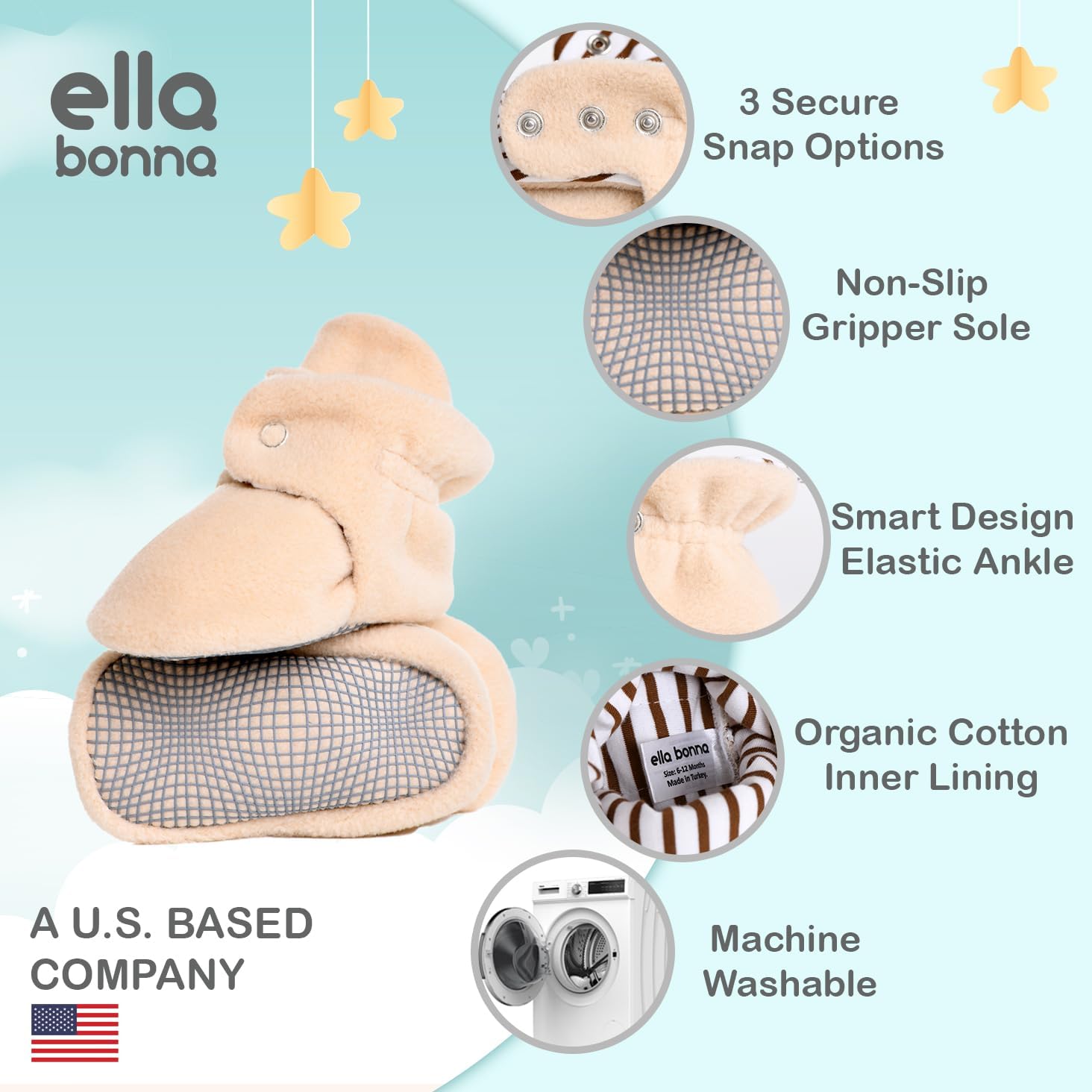 Ella Bonna Fleece Baby Booties with 3-Level Snaps