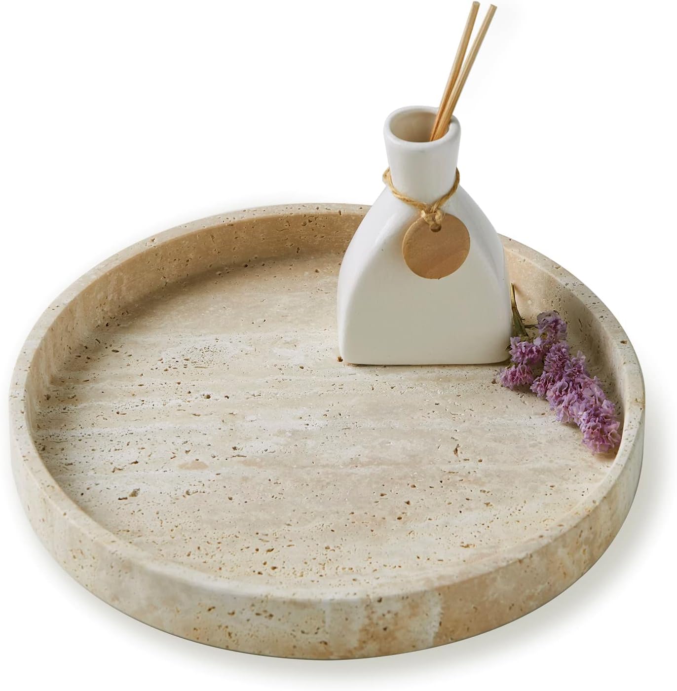 Beige Travertine Marble Vanity Tray Round Ottoman