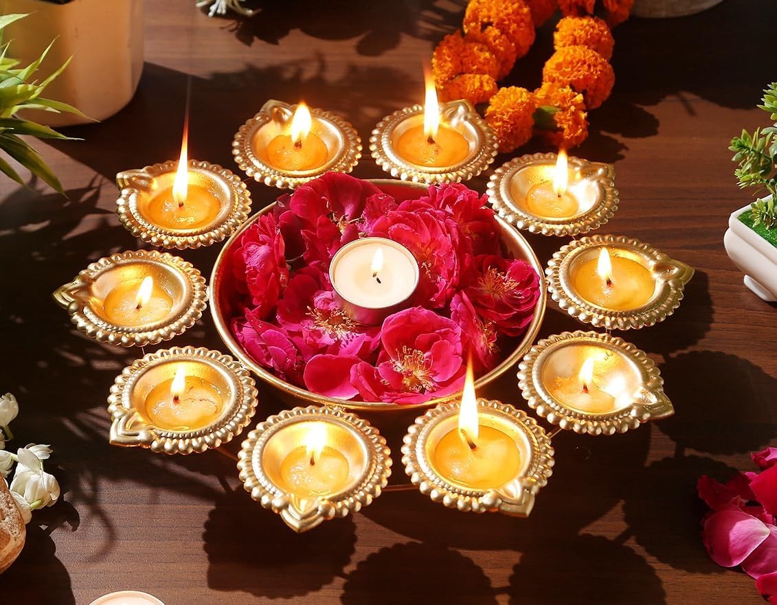 Ayurveda Copper Traditional Diya Urli Tealight Holder 12 Inches