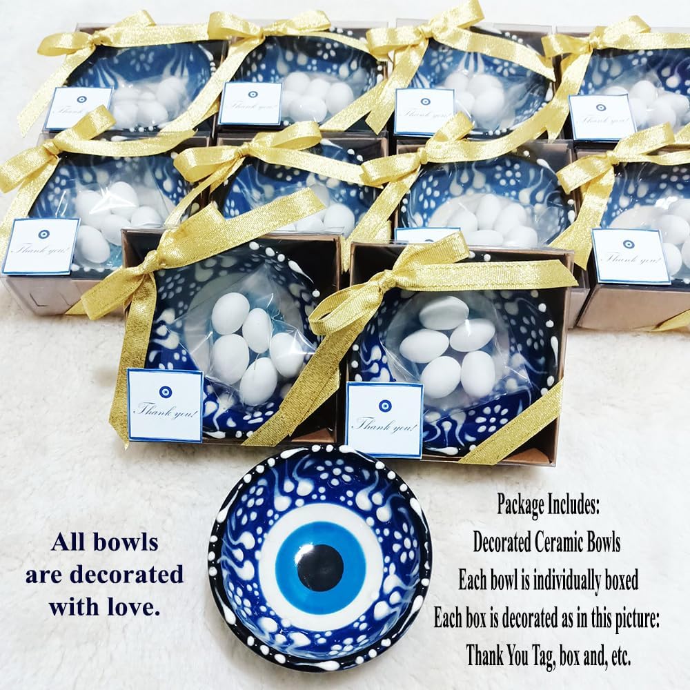 12 PCS Evil Eye Ceramic Bowls with Gold Ribbon and Almond Candy