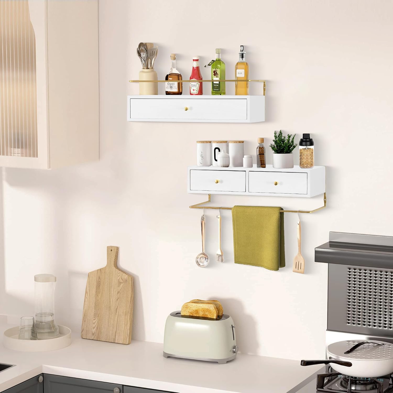 Rustic Floating Shelves with Drawer Set of 2 White