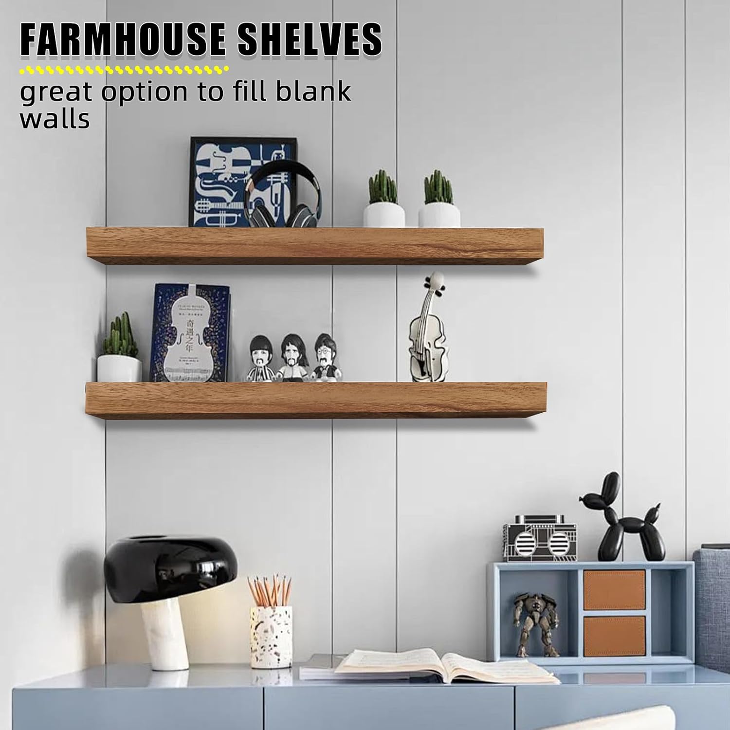 24 Inch Rustic Floating Shelves in Carbonized Black Set of 2