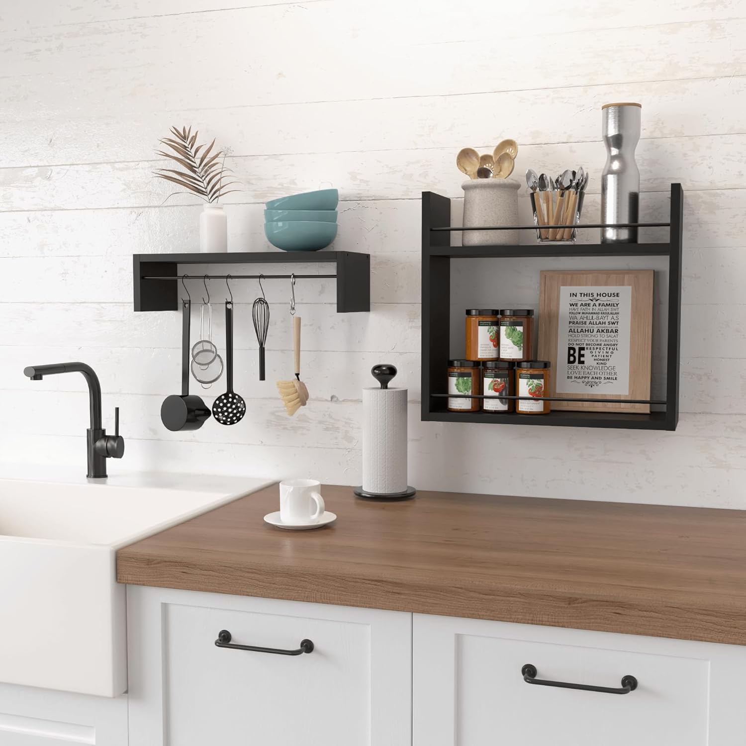 RICHER HOUSE Floating Wall Shelves with Towel Bar - Black 1