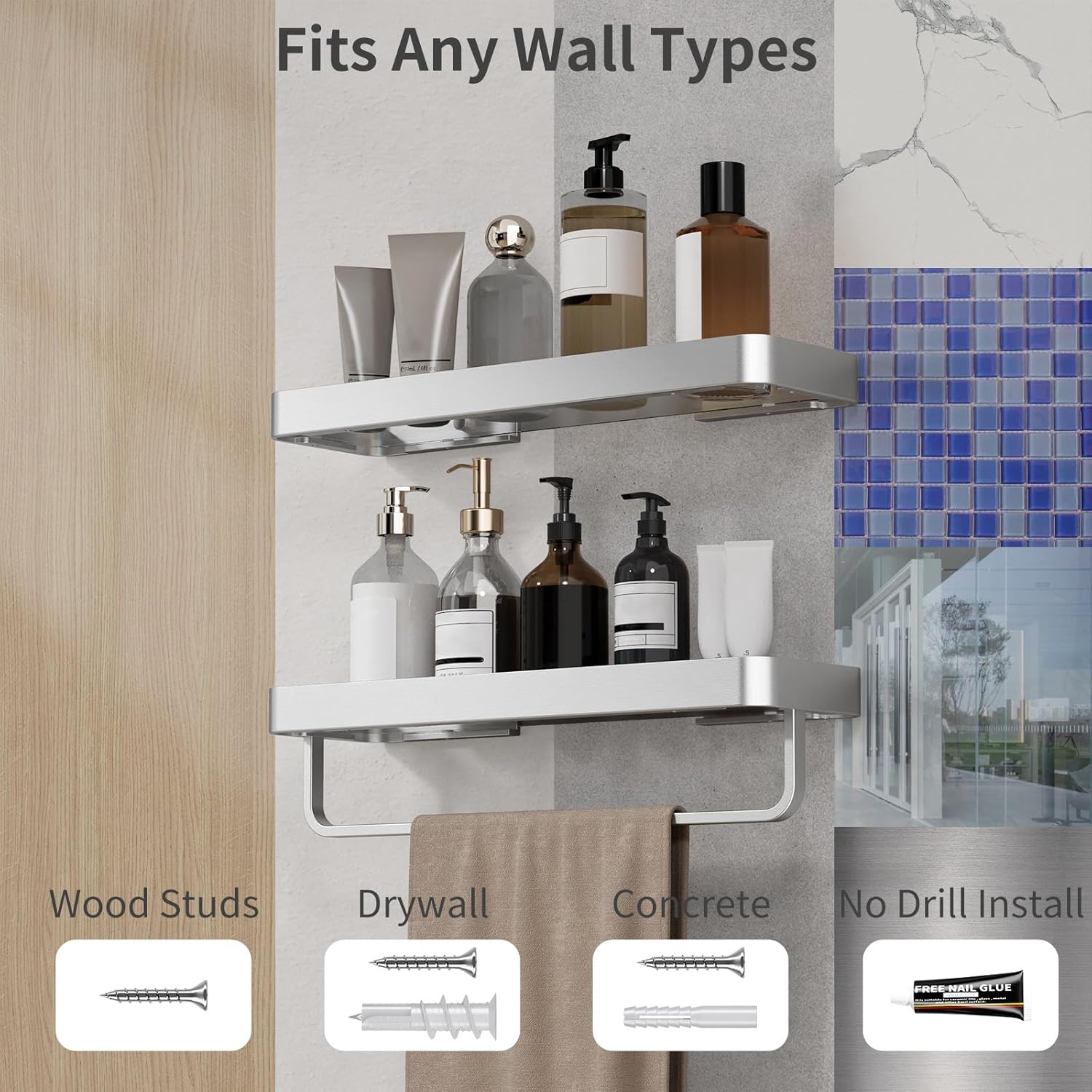 Danpoo 16-Inch Floating Shelves with Towel Bar 2-Pack Storage Set