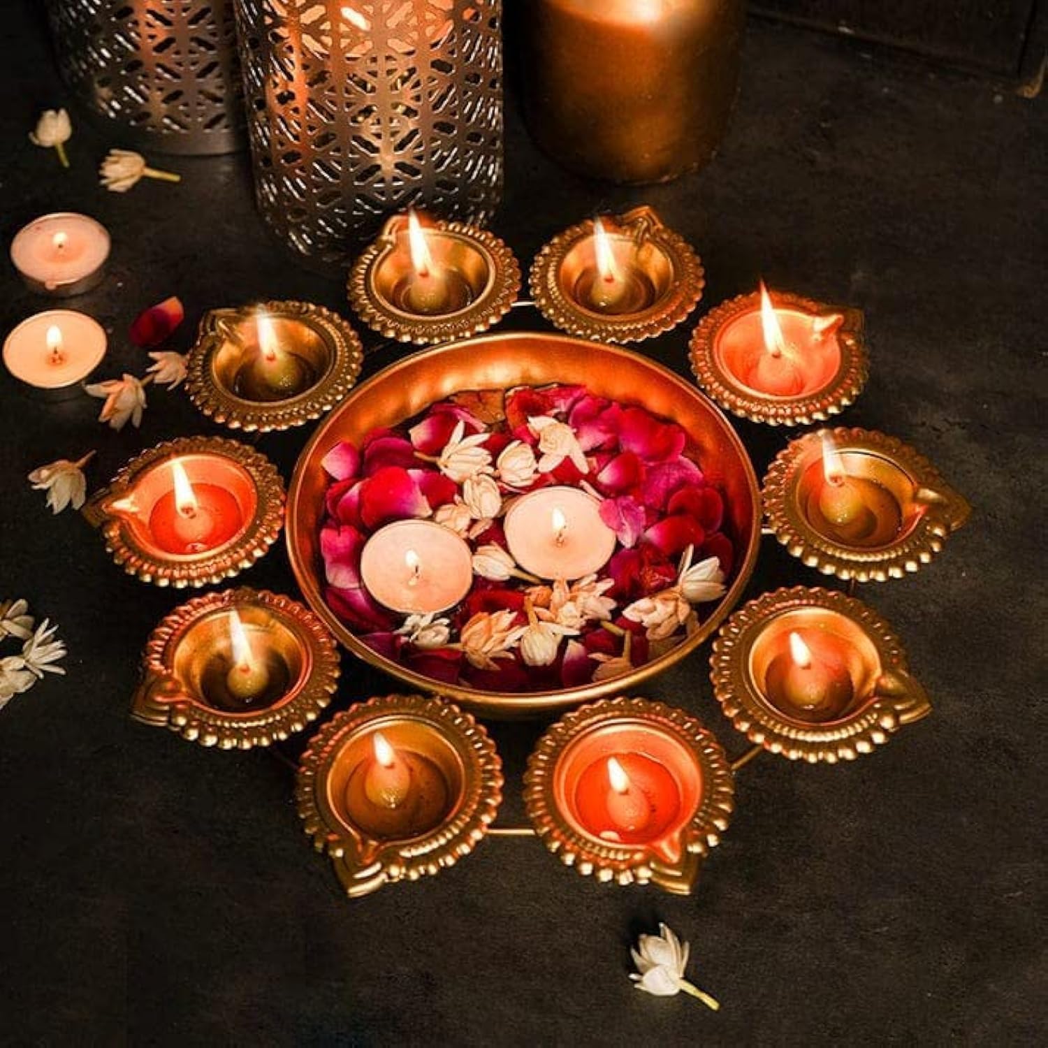 Next In Crafts Gold Metal Diya Shape Flower Urli Bowl
