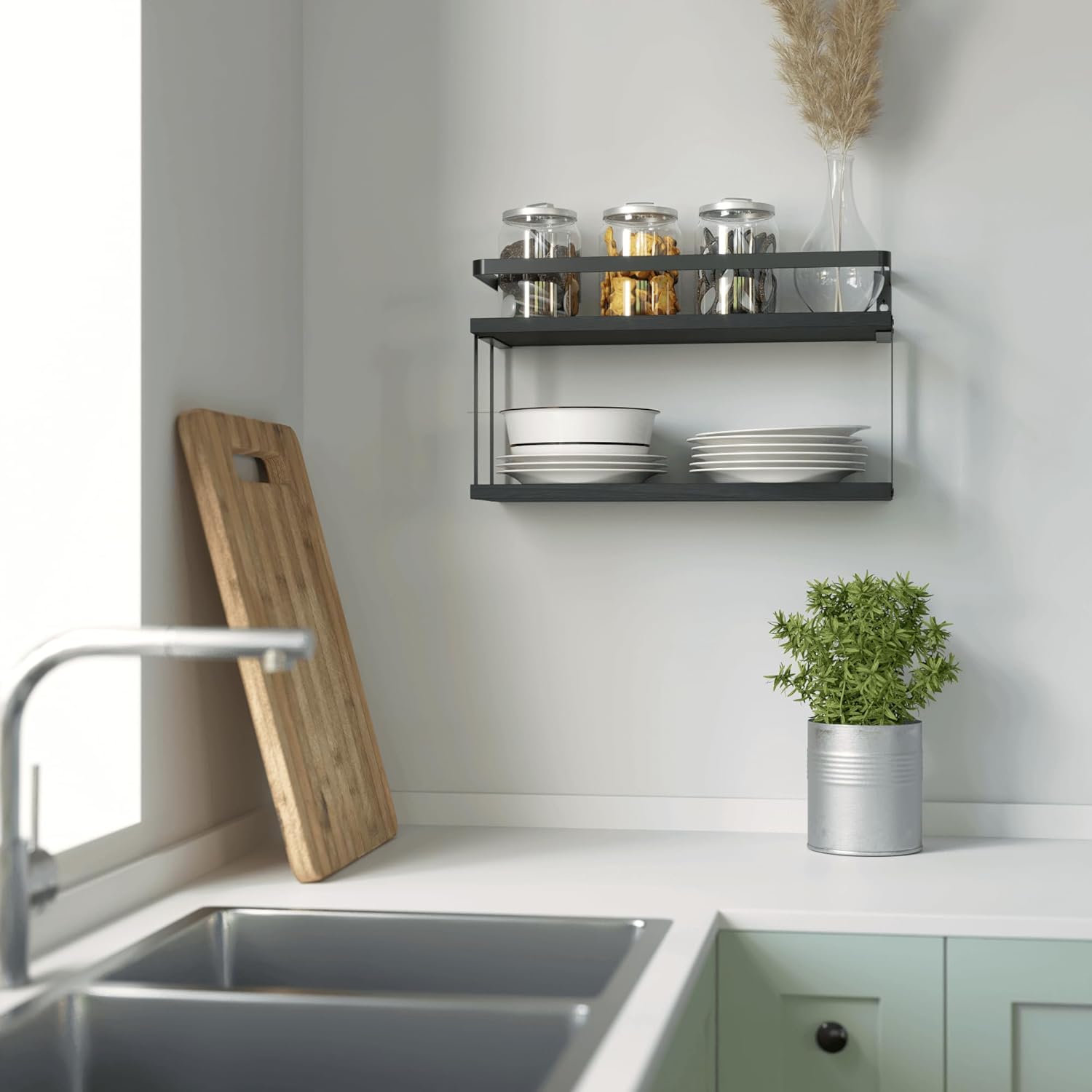 RICHER HOUSE Dual-Level Wood Floating Shelves with Guardrail - Black