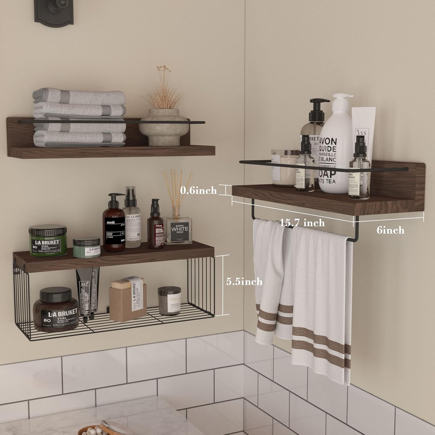 PopiShelves Dark Brown Wall Mounted Shelf Set with Basket