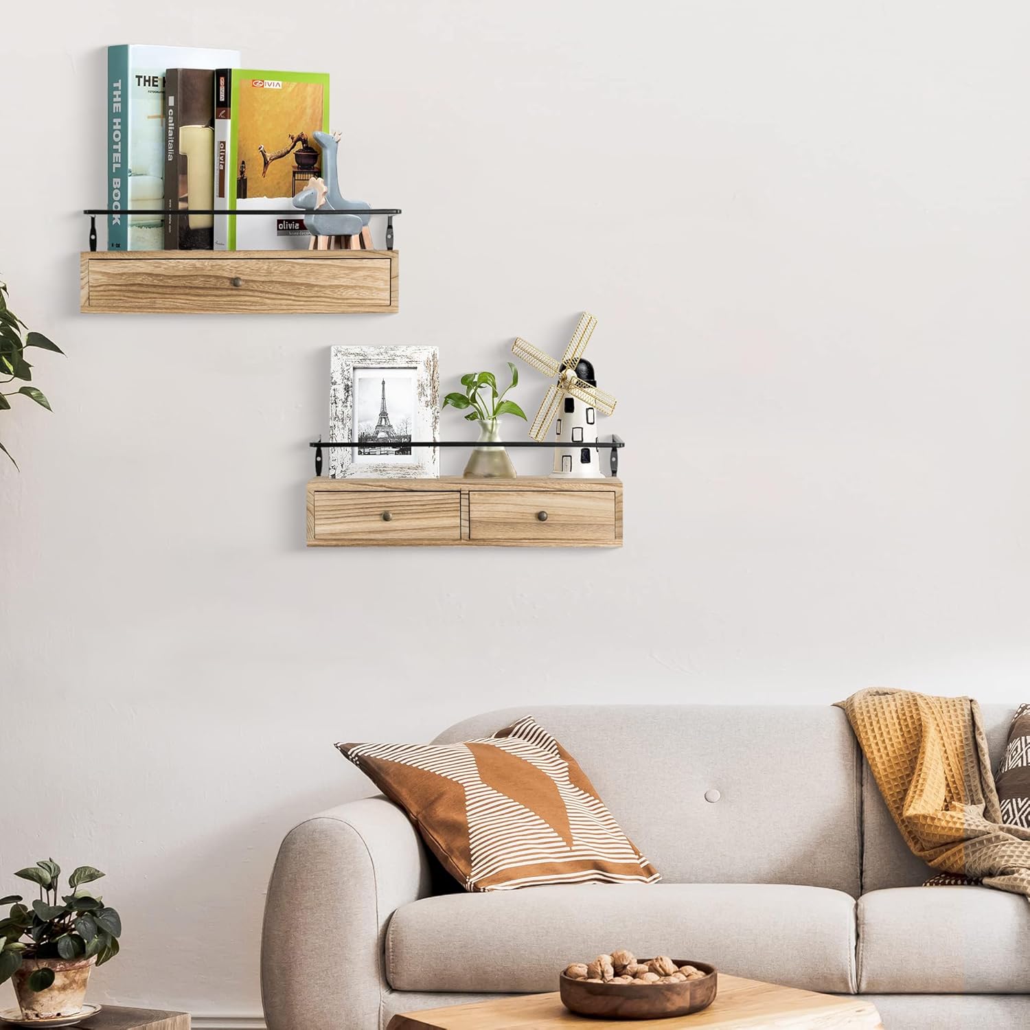 Rustic Floating Shelves with Drawer Set of 2 Brown