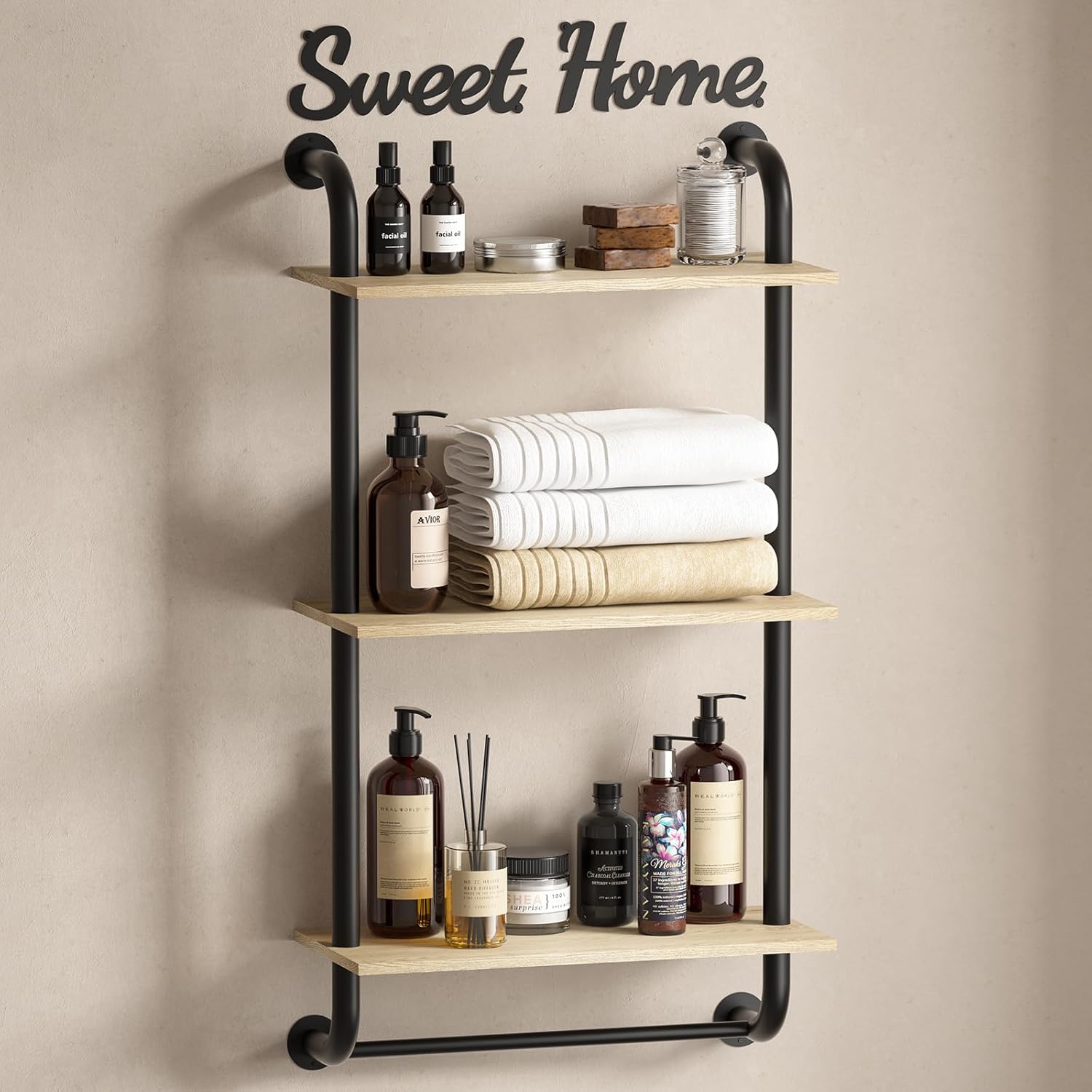 Tinpin 3-Tier Rustic Farmhouse Wall Shelf with Towel Rack