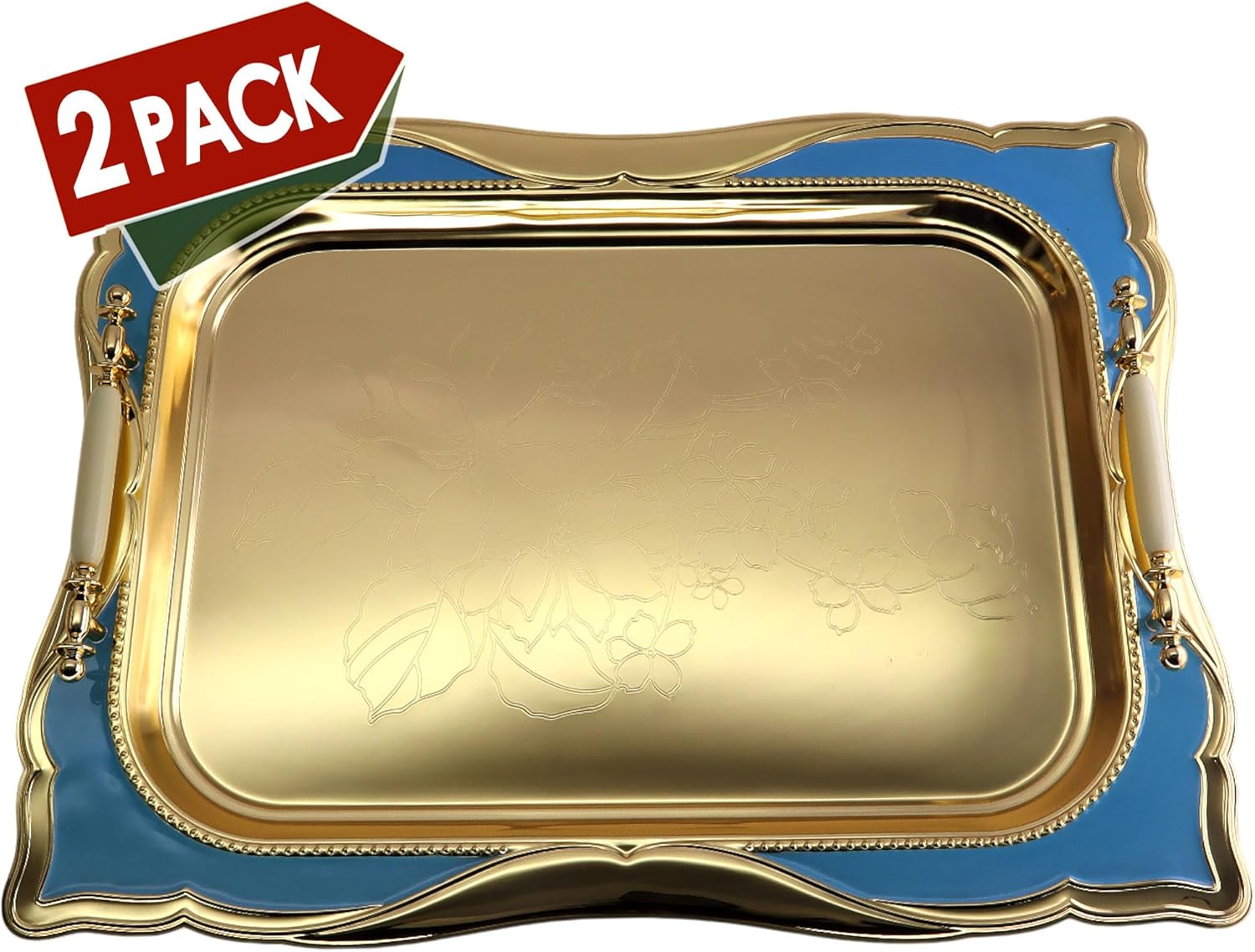 Pack of 2 Gold Plated Iron Serving Trays with Handles