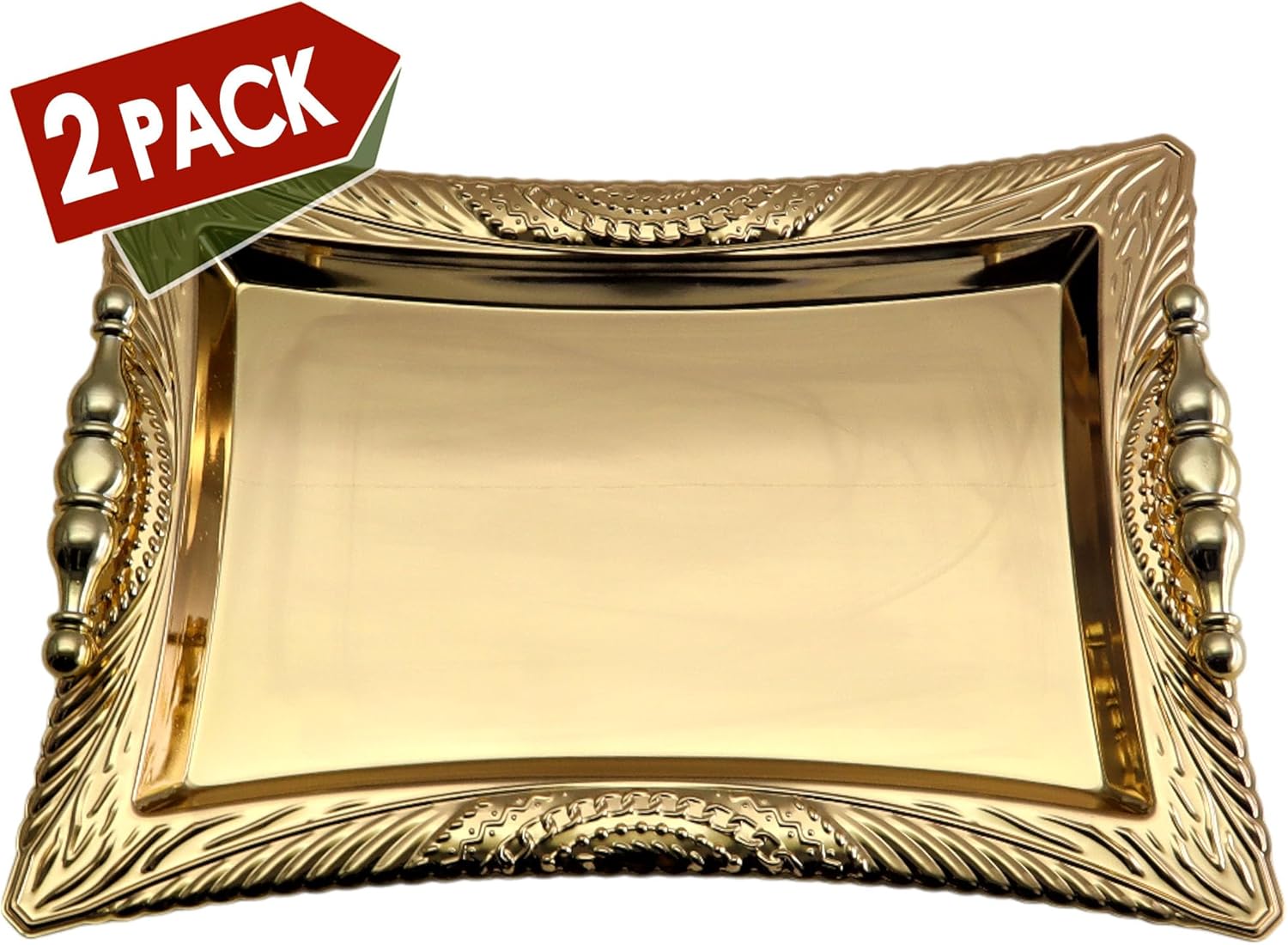 Pack of 2 Gold Plated Mirror Serving Trays with Handles