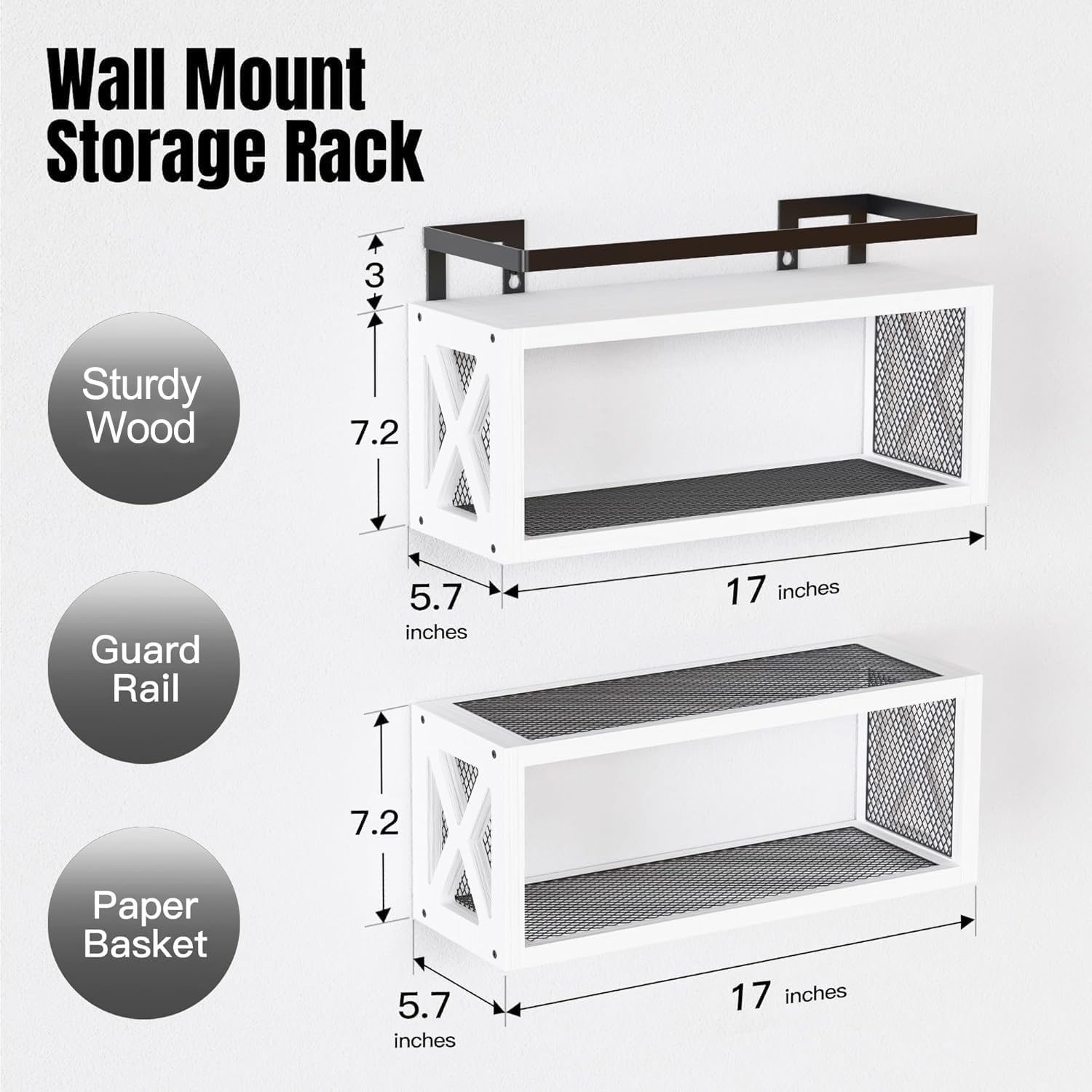 RICHER HOUSE Floating Shelves with Guardrail - White