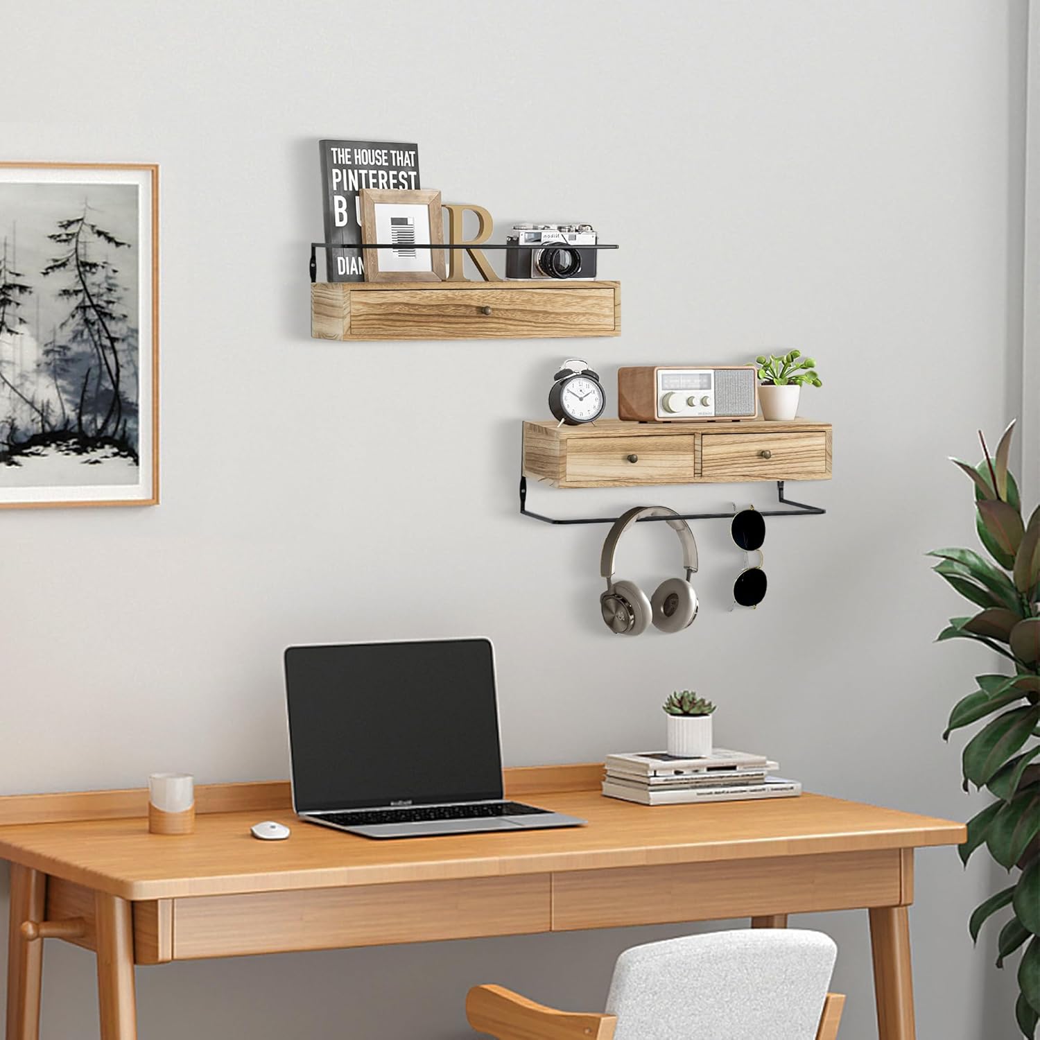 Rustic Floating Shelves with Drawer Set of 2 Brown